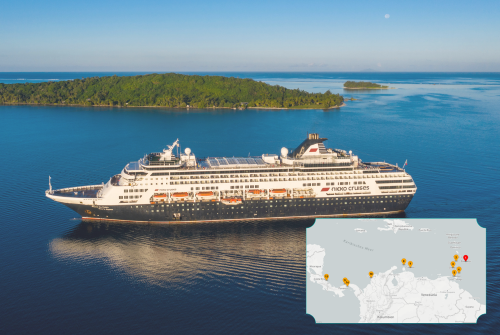 Ein großes Kreuzfahrtschiff der Reederei nicko Cruises fährt auf ruhigem, blauem Wasser, mit einer grünen, bewaldeten Insel im Hintergrund. Das Schiff ist weiß und dunkelblau lackiert, mit mehreren Decks und Rettungsbooten an der Seite. Im Bild ist zudem eine kleine Karte eingeblendet, welche die Route der Kreuzfahrt in der Karibik zeigt. Ein großes Kreuzfahrtschiff der Reederei nicko Cruises fährt auf ruhigem, blauem Wasser, mit einer grünen, bewaldeten Insel im Hintergrund. Das Schiff ist weiß und dunkelblau lackiert, mit mehreren Decks und Rettungsbooten an der Seite. Im Bild ist zudem eine kleine Karte eingeblendet, welche die Route der Kreuzfahrt in der Karibik zeigt.
